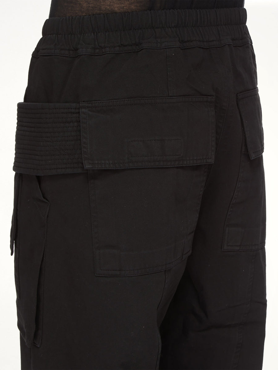 Cotton Twill Creatch Wide Cargo Drawstring Pants in Black