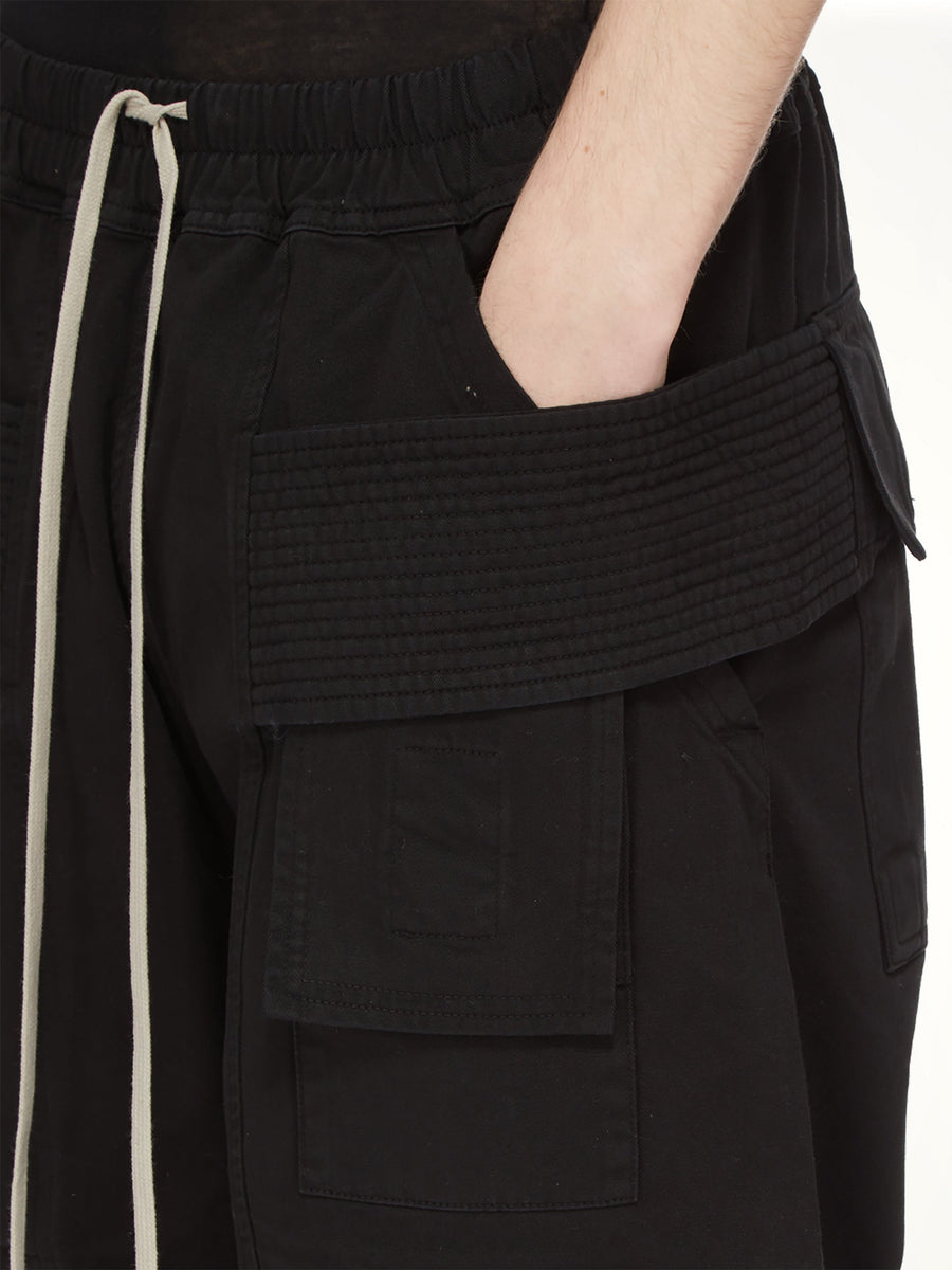 Cotton Twill Creatch Wide Cargo Drawstring Pants in Black