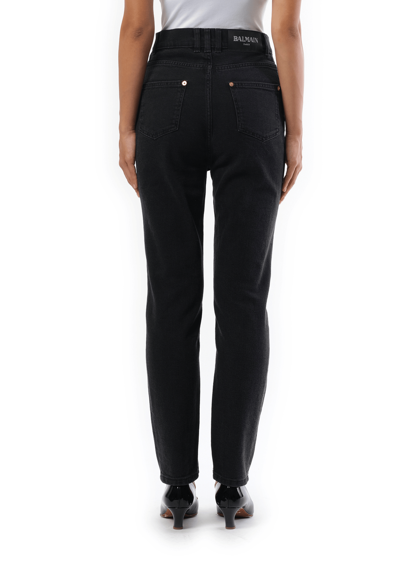 Balmain 5 Pockets Slim Black Washed Denim in Black