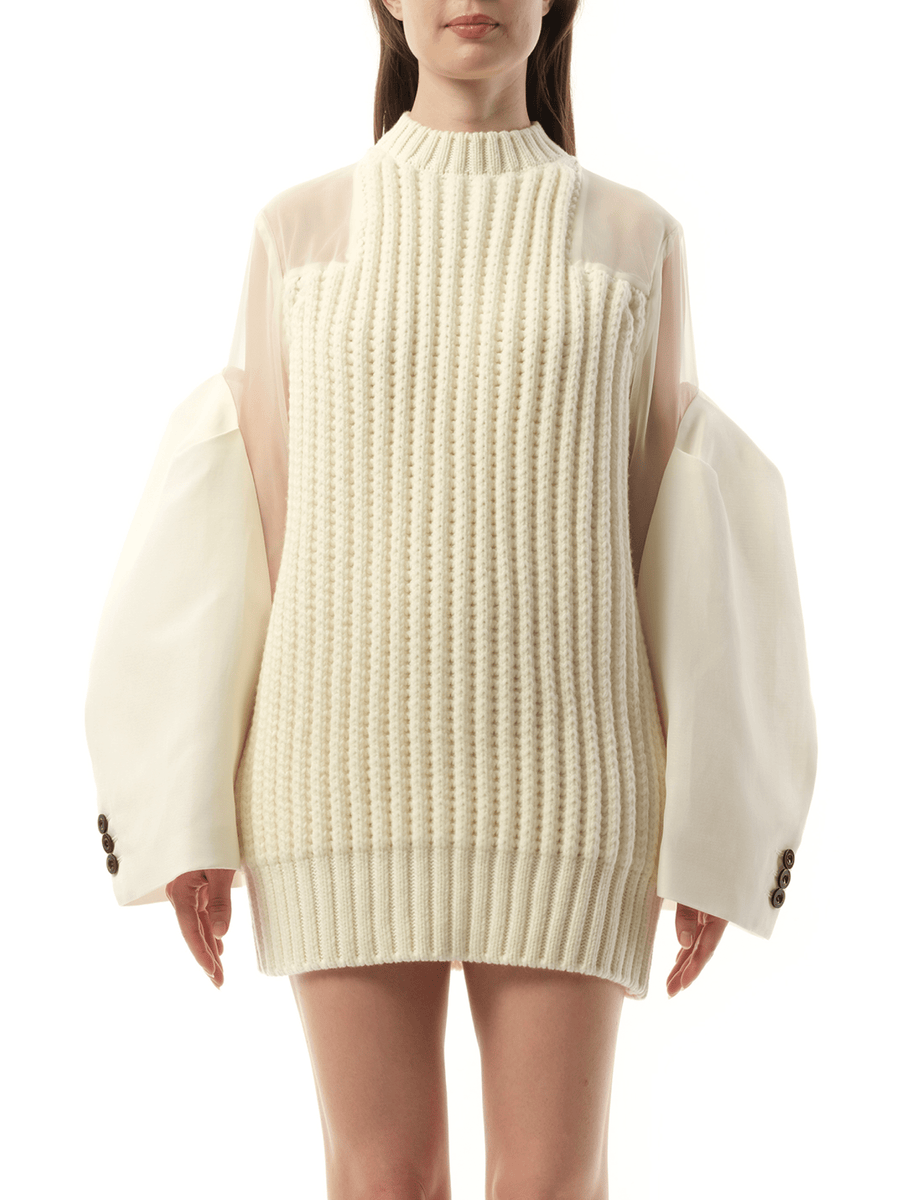 Silk Chiffon Mix Knit Dress in Off White