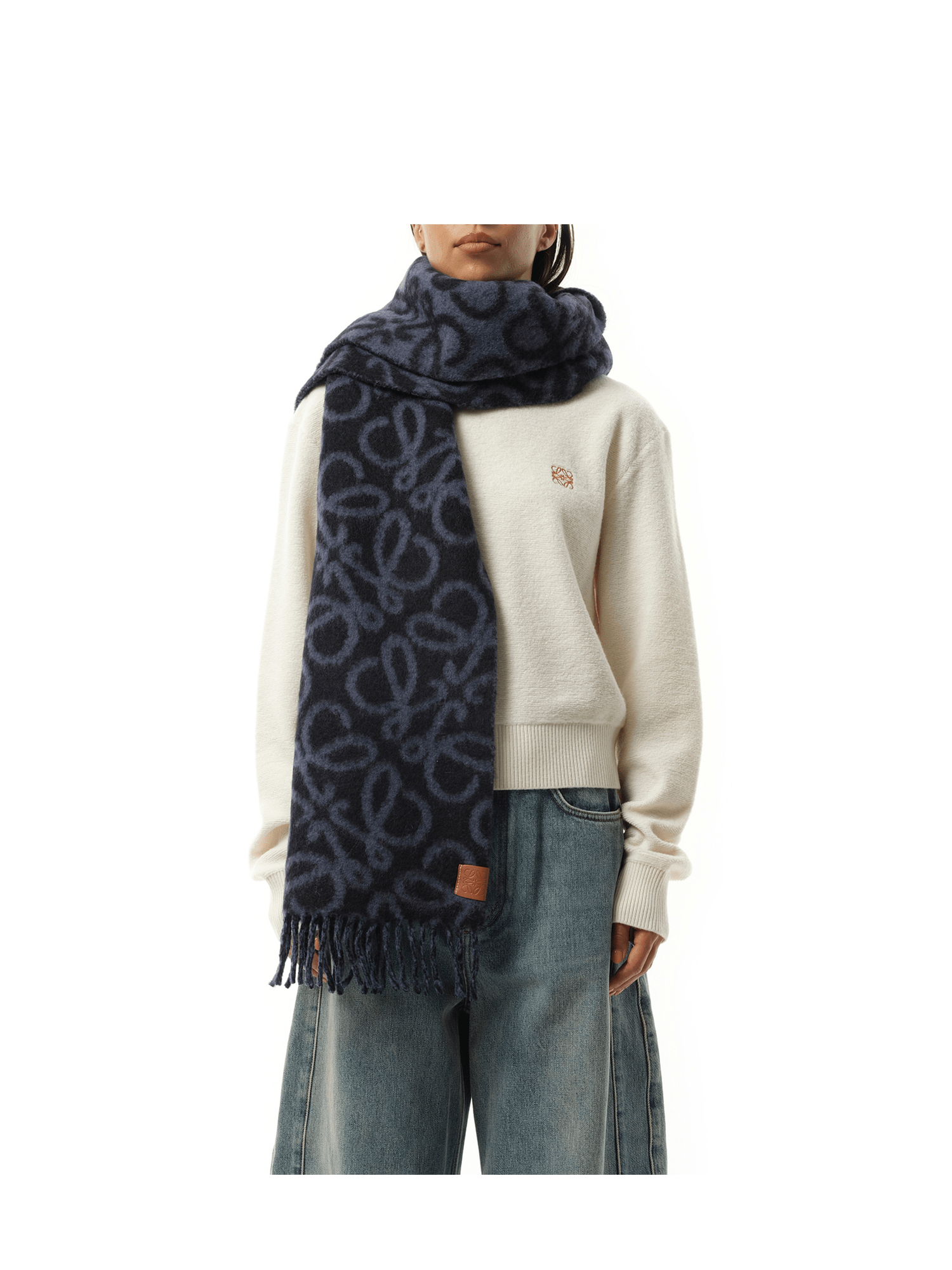 Loewe Textured Anagram Scarf in Navy Blue/Blue