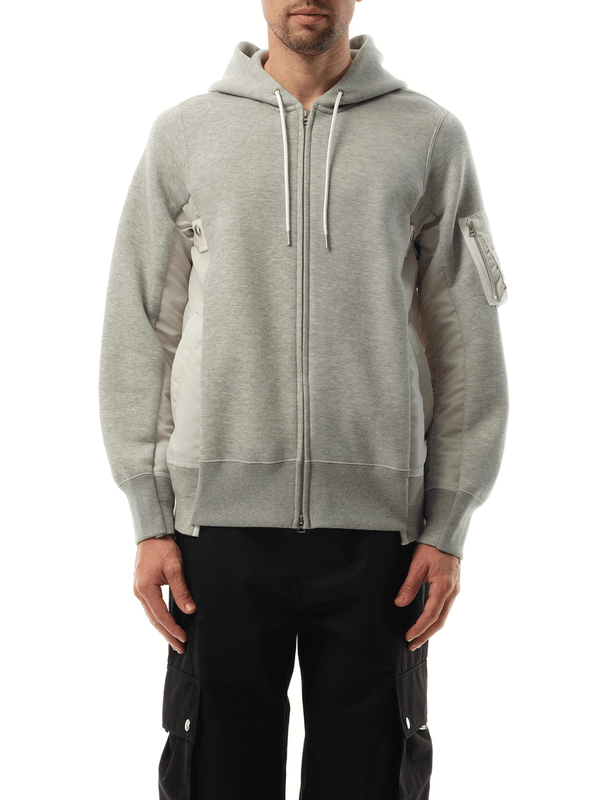 Sacai Sponge Sweat Nylon Twill Zip Hoodie in Light Gray