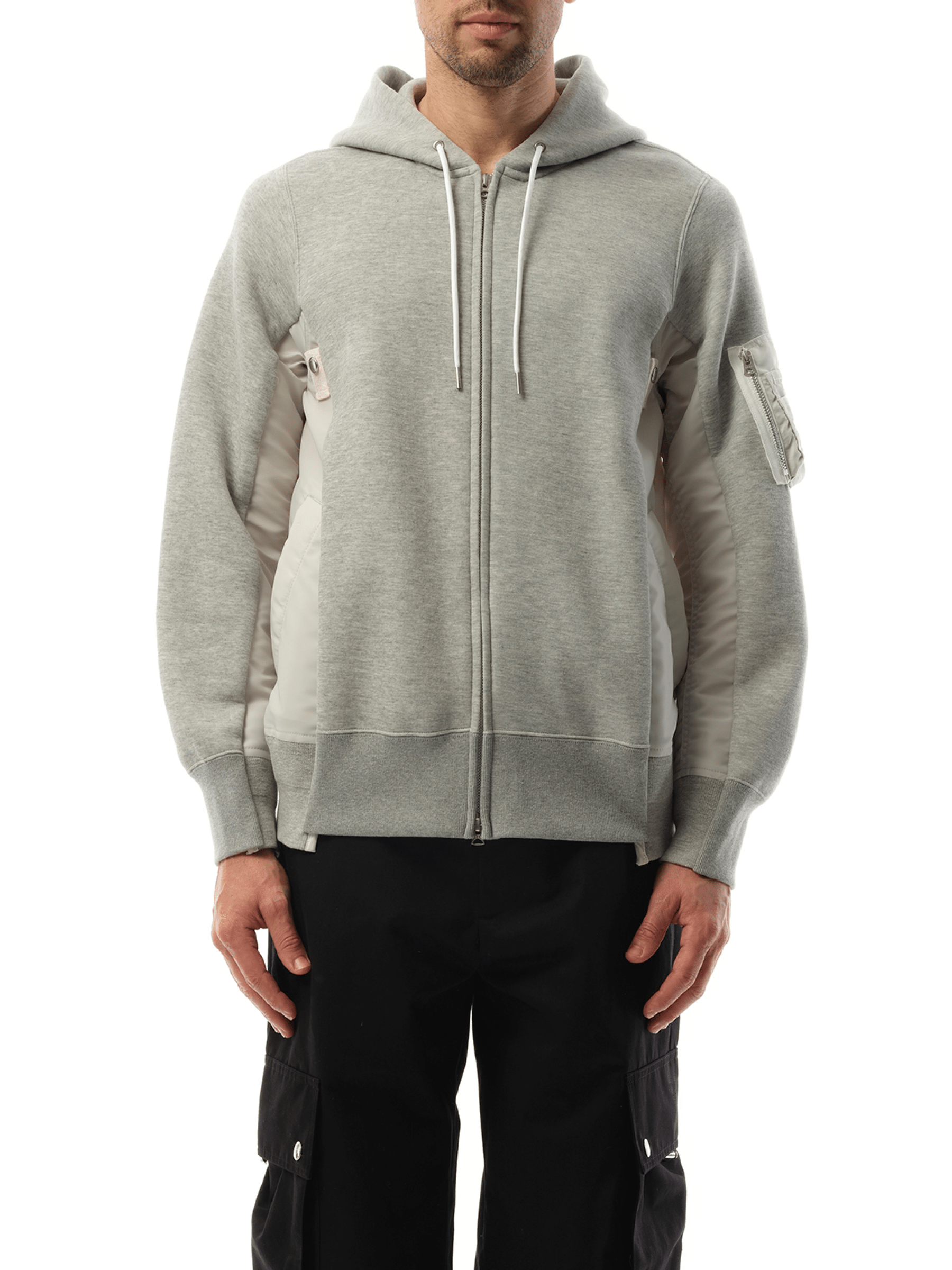 Sacai Sponge Sweat Nylon Twill Zip Hoodie in Light Gray