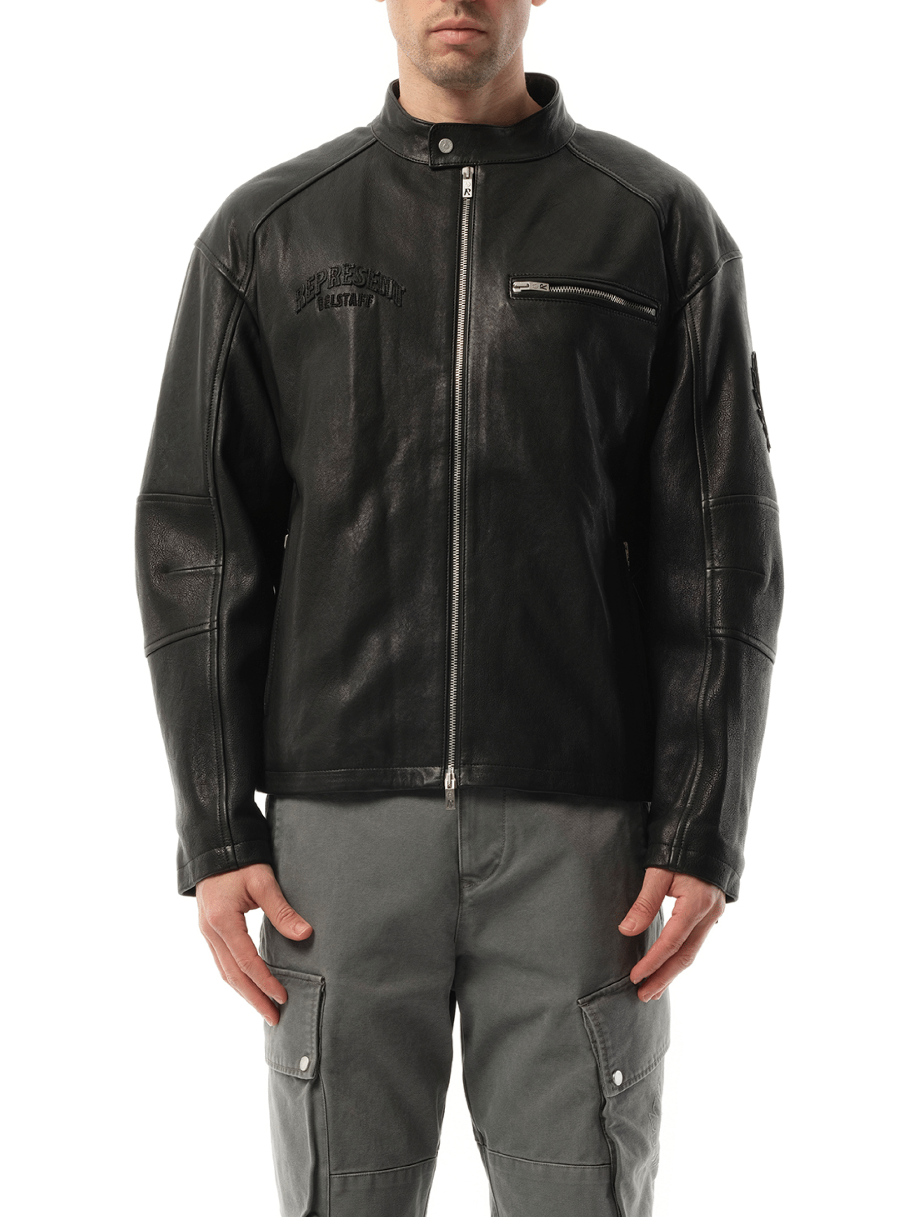 Represent Belstaff Leather Race Jacket in Black