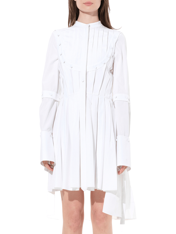 Pleated Sleeves Cotton Dress in White