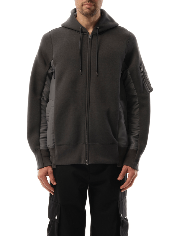 Sacai Sponge Sweat Nylon Twill Zip Hoodie in Charcoal Gray