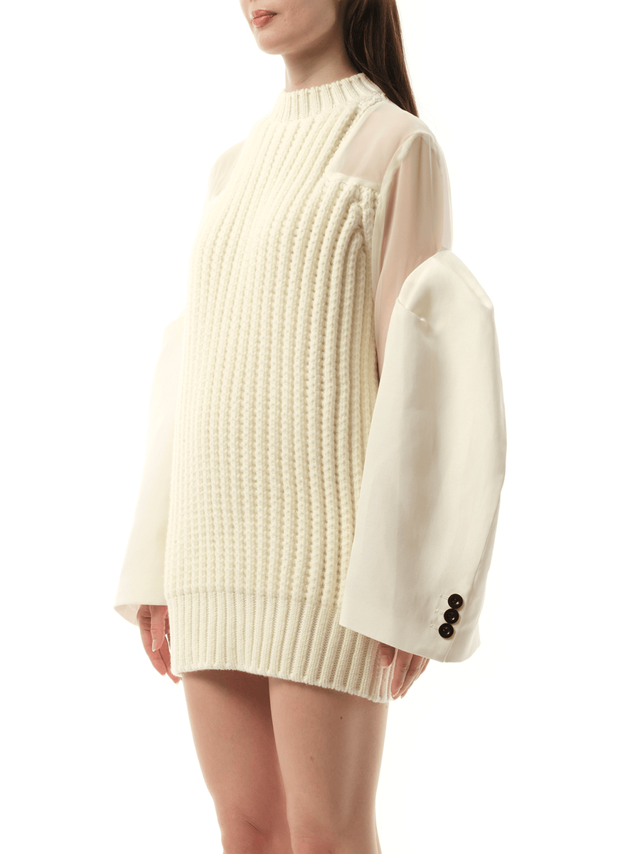 Silk Chiffon Mix Knit Dress in Off White