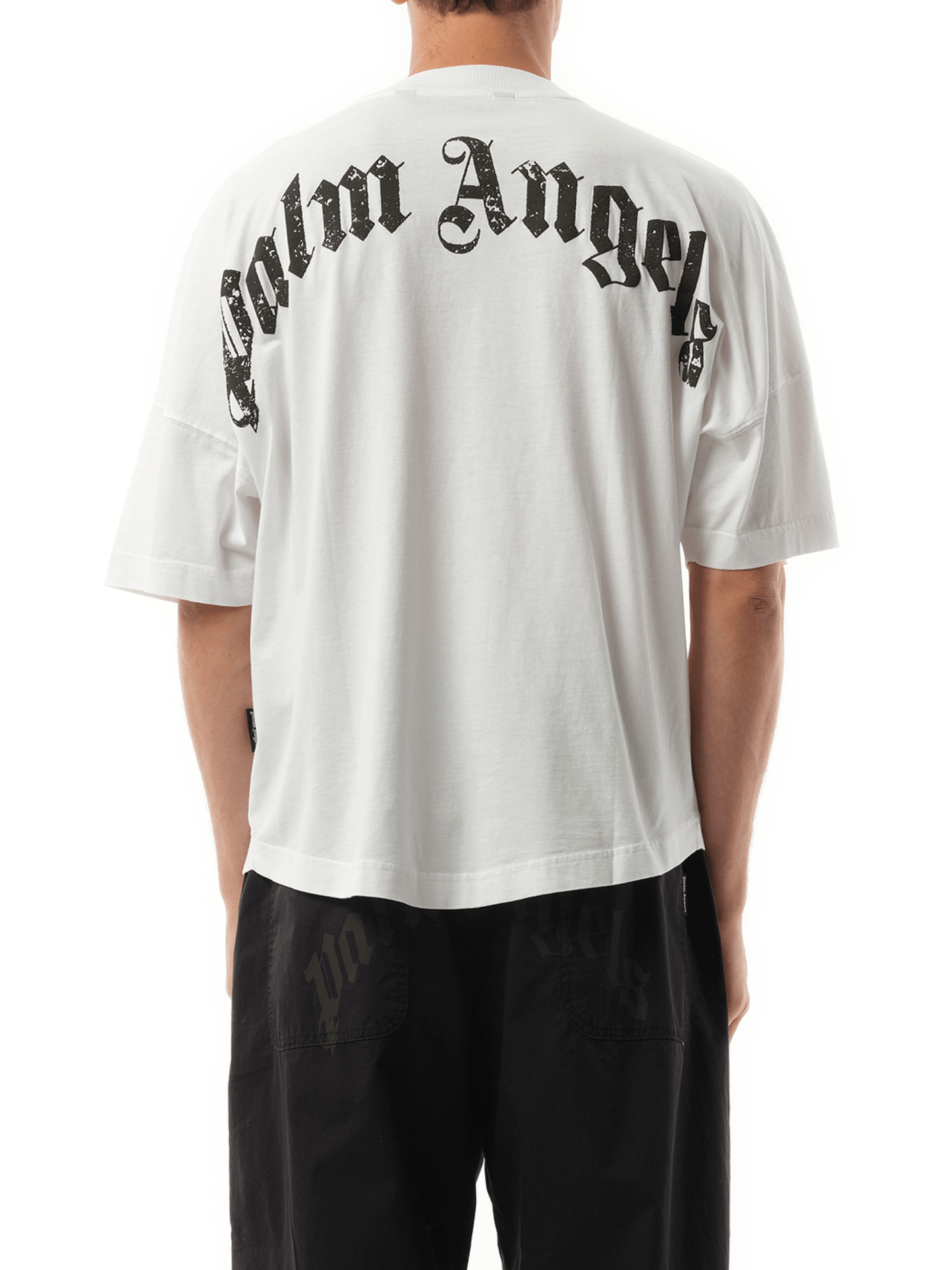 Palm Angels Back Curved Logo Over T-Shirt in Off White/Black