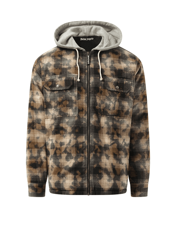 Palm Angels Curved Logo Check Overshirt in Grey/Off White