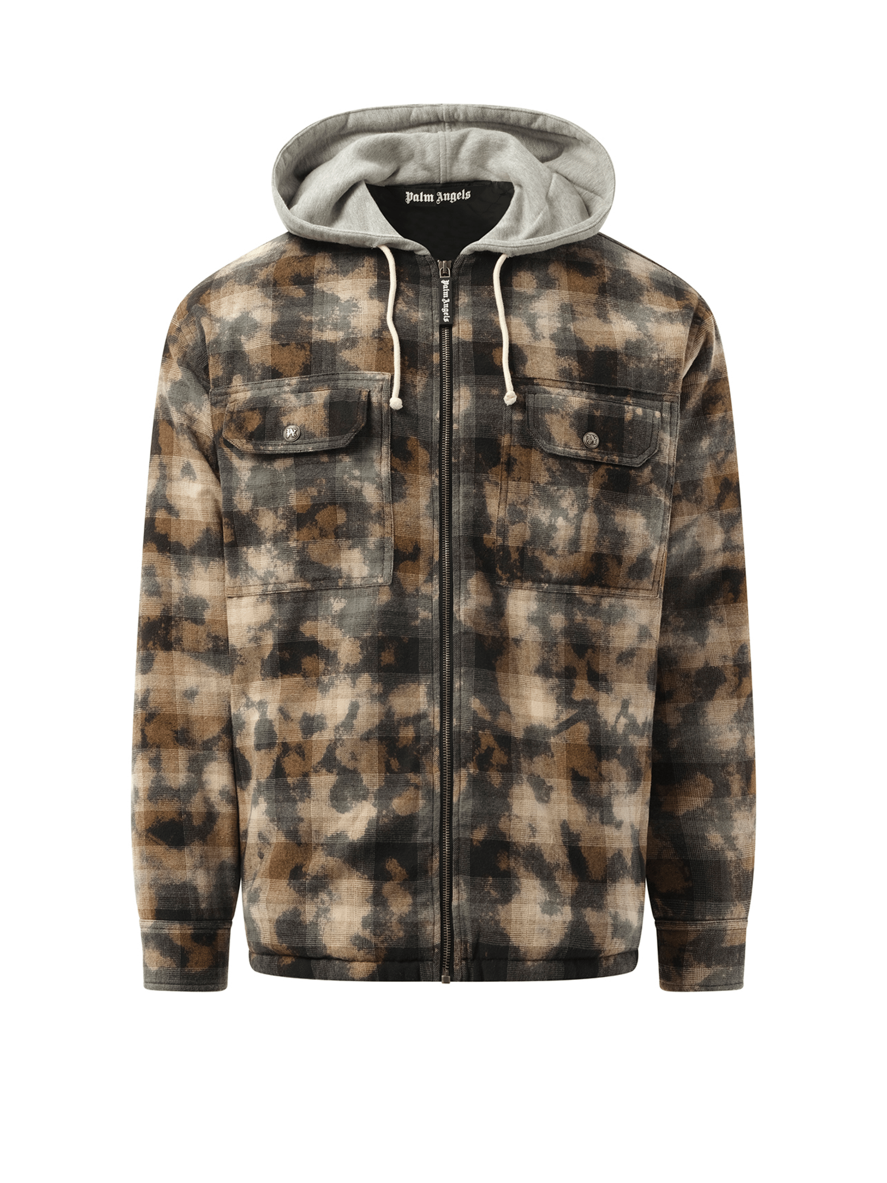 Palm Angels Curved Logo Check Overshirt in Grey/Off White