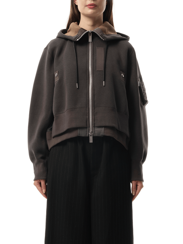Sacai Sponge Sweat x Nylon Twill Zip Hoodie in Charcoal Gray