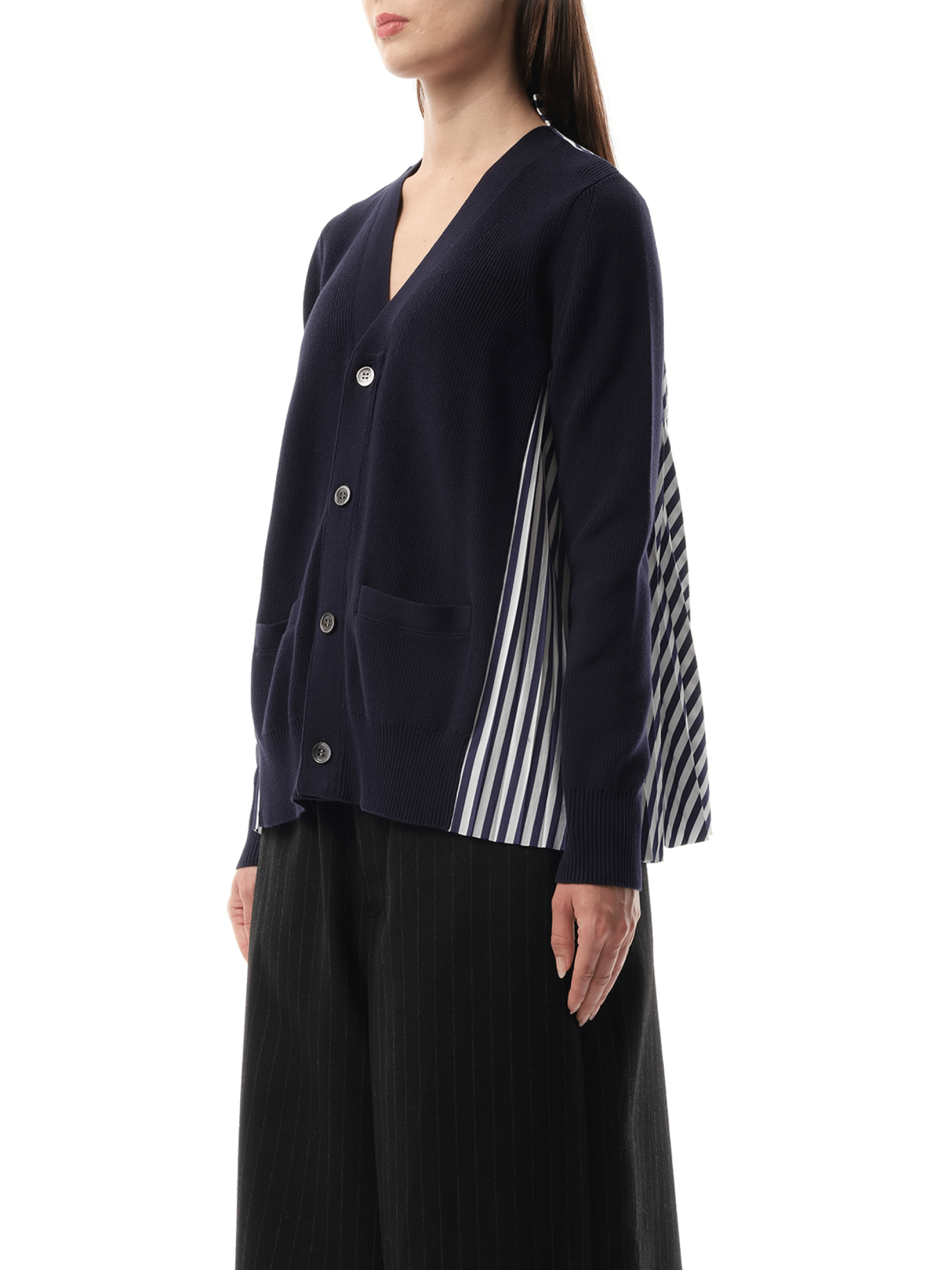 Sacai Cotton Knit x Cotton Poplin Cardigan in Navy