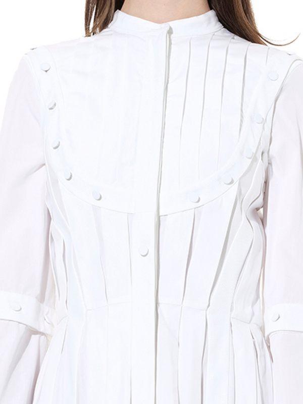 Pleated Sleeves Cotton Dress in White