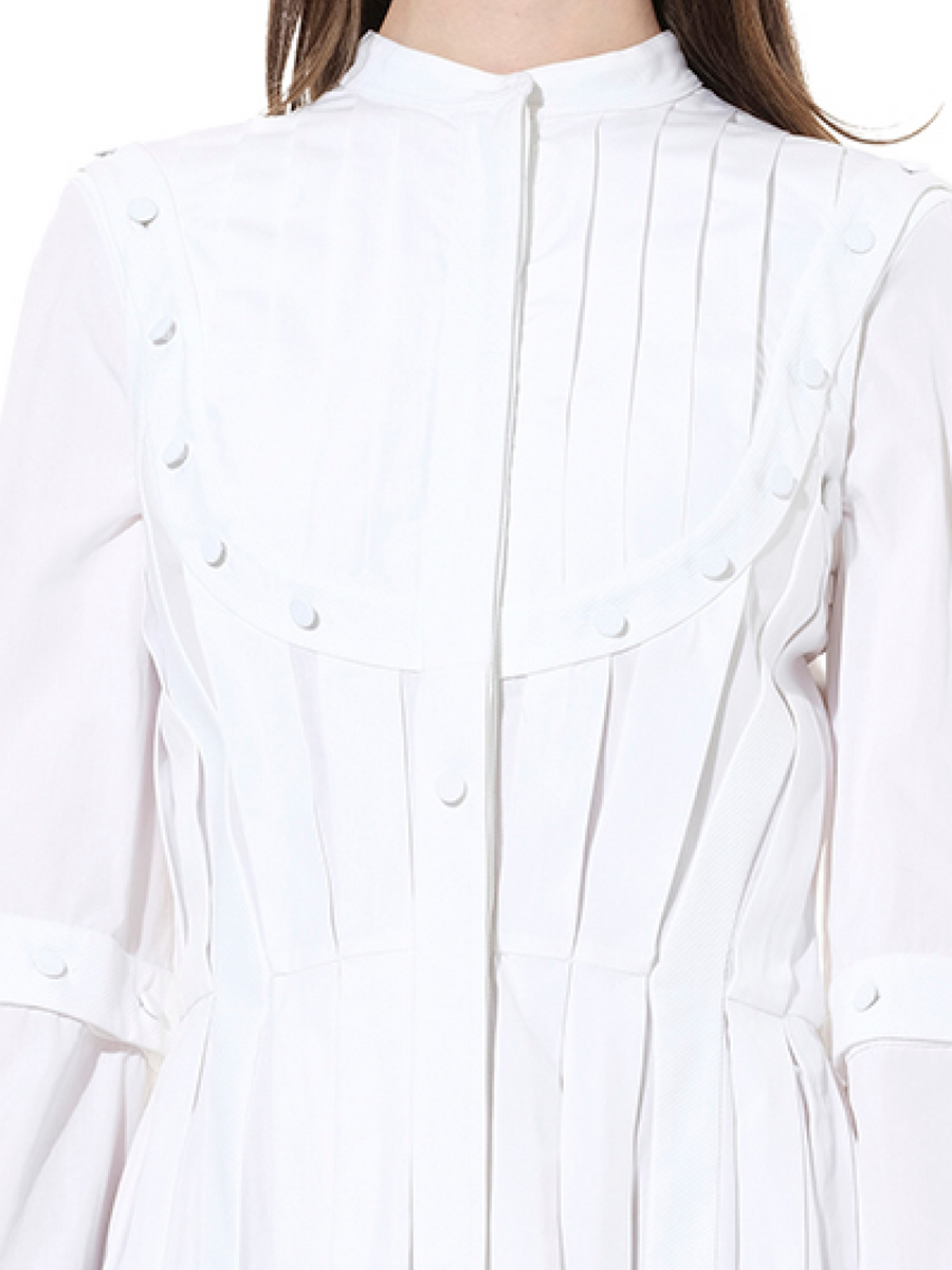 Pleated Sleeves Cotton Dress in White
