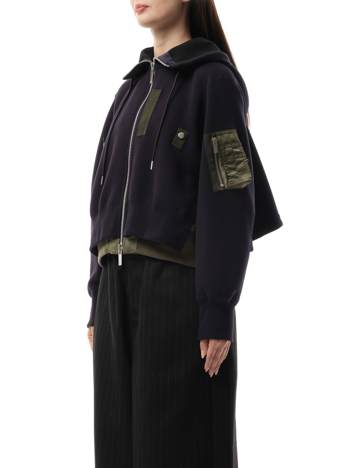 Sacai Sponge Sweat x Nylon Twill Zip Hoodie in Navy/Khaki