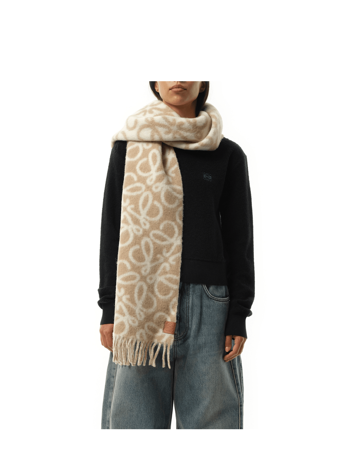 Loewe Textured Anagram Scarf in Beige/White