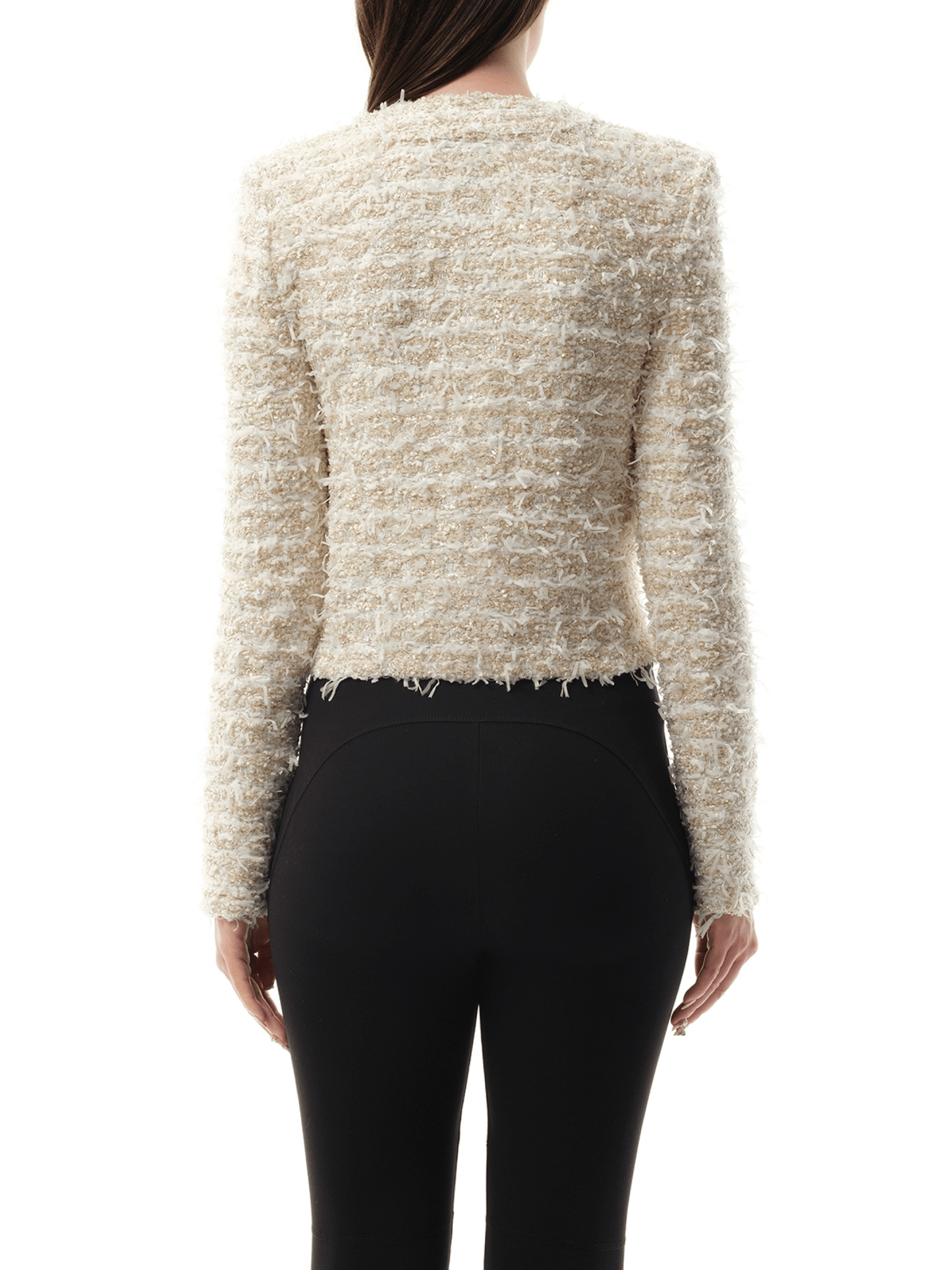 Balmain 2 Pockets Buttoned Tweed Knit Crop Jacket in White/Gold