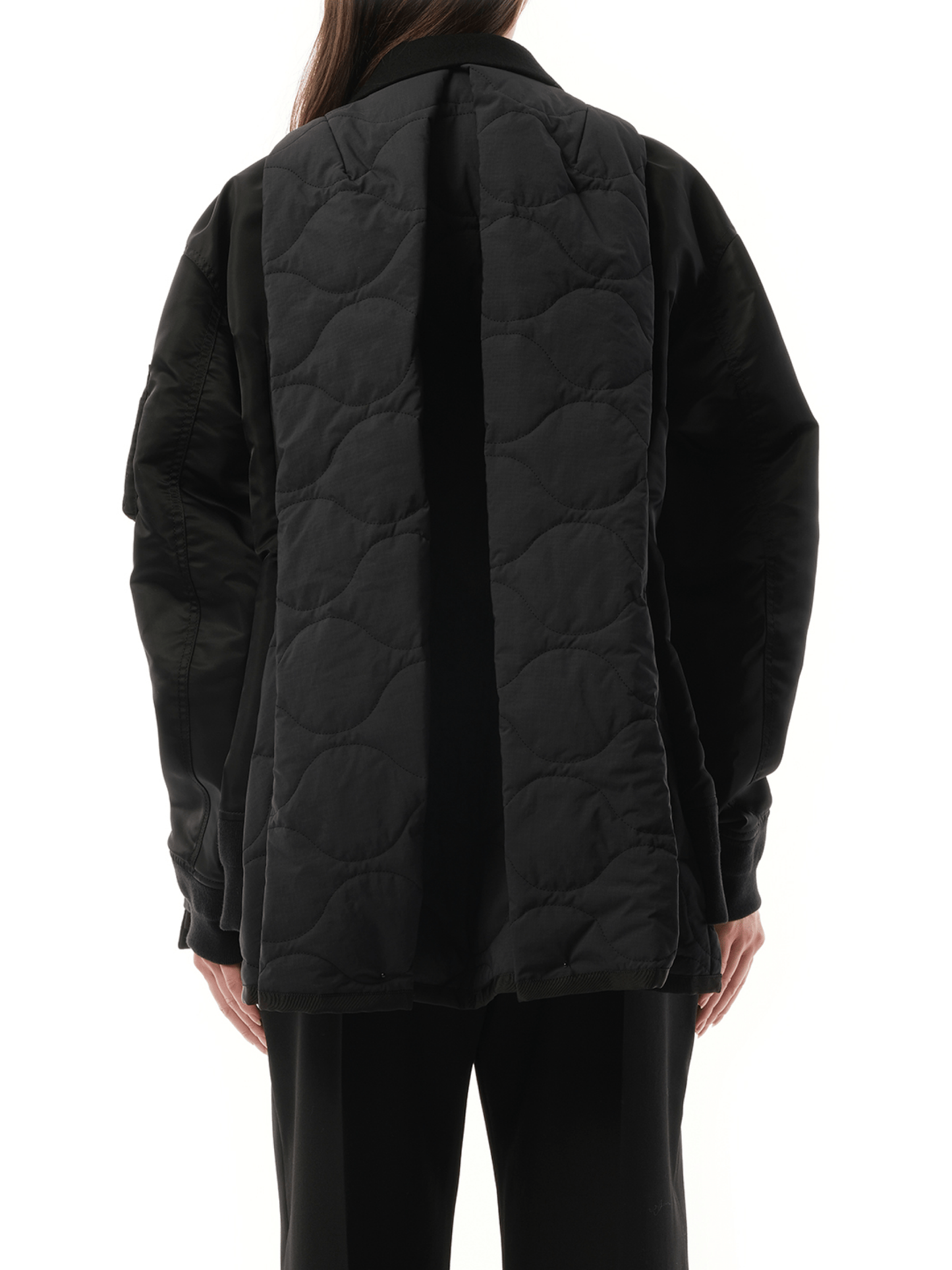 Wool Melton x Nylon Twill Quilted Coat in Black