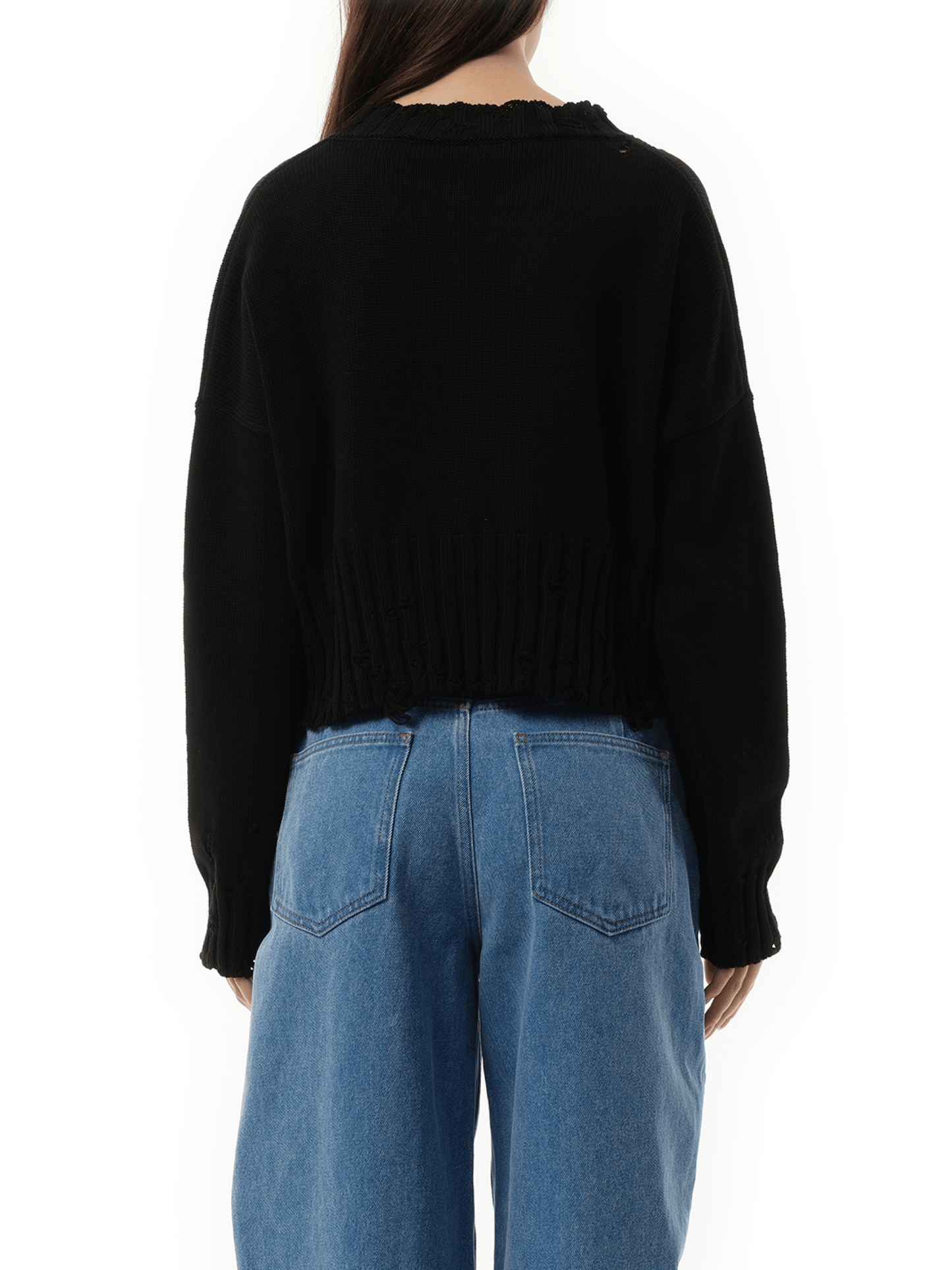 Distressed Cropped Sweater in Black