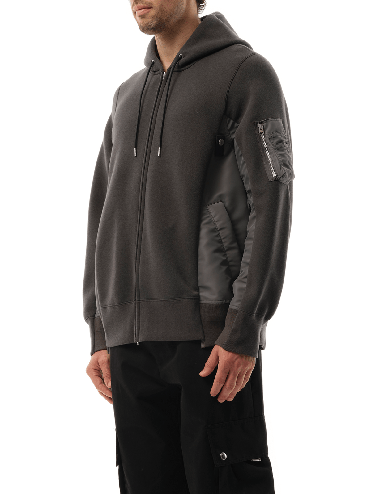 Sacai Sponge Sweat Nylon Twill Zip Hoodie in Charcoal Gray