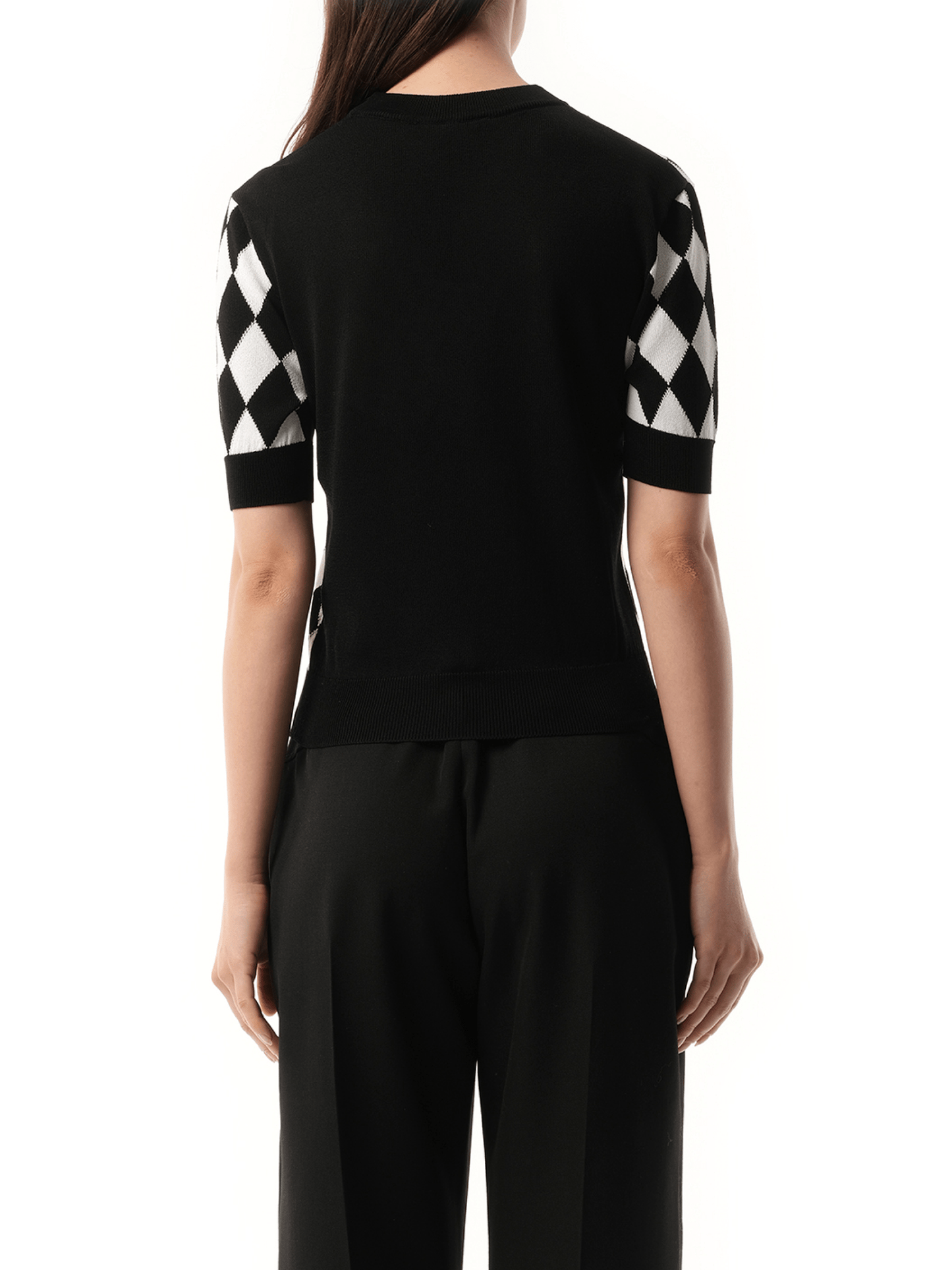 Short Sleeve Diamond Intarsia Knit Top in Black/White