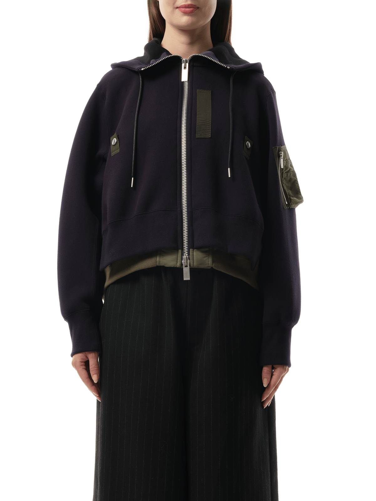 Sacai Sponge Sweat x Nylon Twill Zip Hoodie in Navy/Khaki