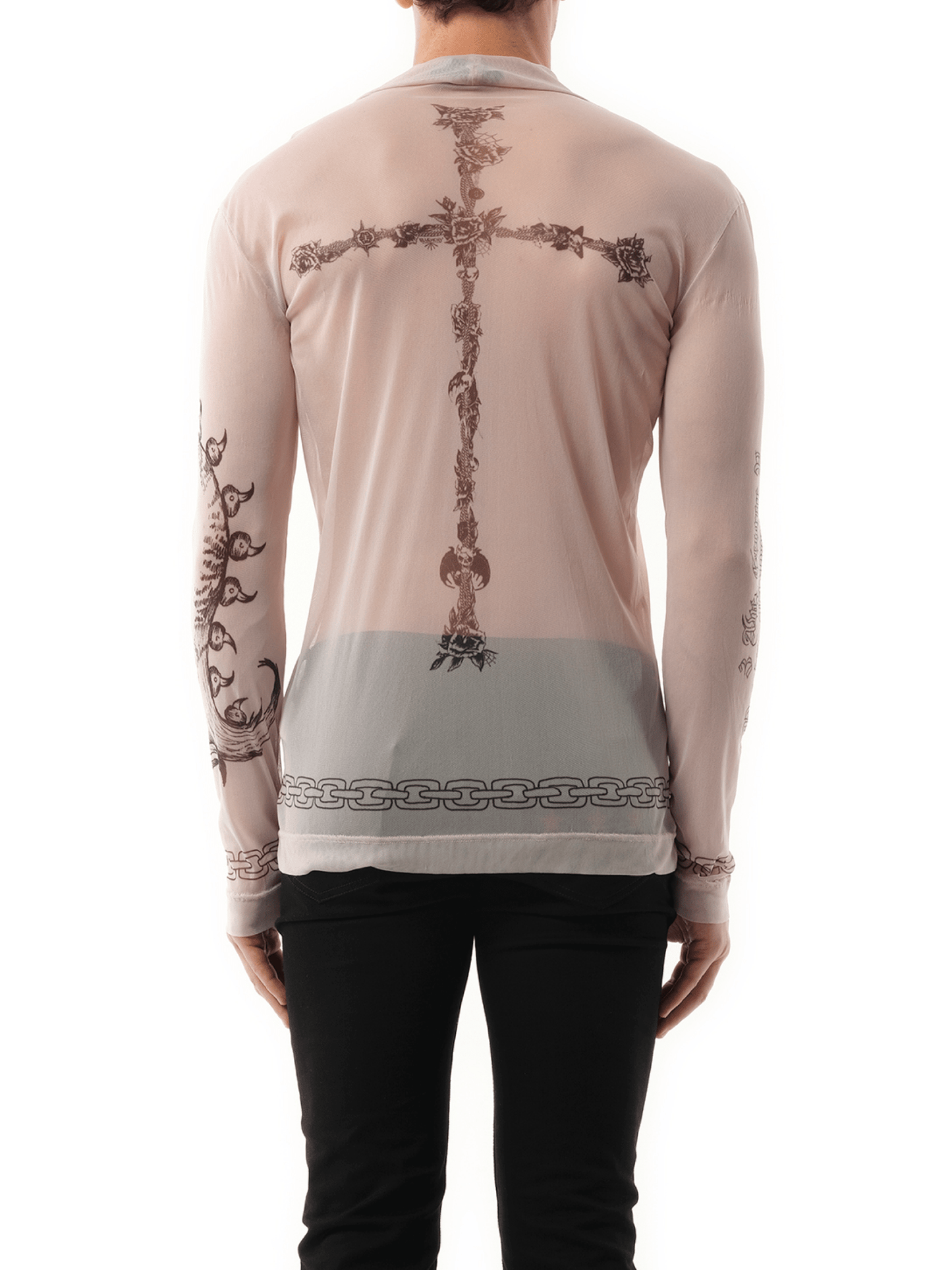 Tattoo Shrine Mesh Long Sleeve T-Shirt in Beige