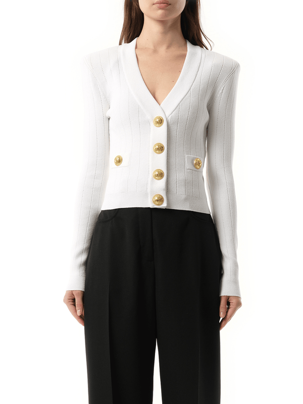 Balmain Buttoned Knit Crop Cardigan in White