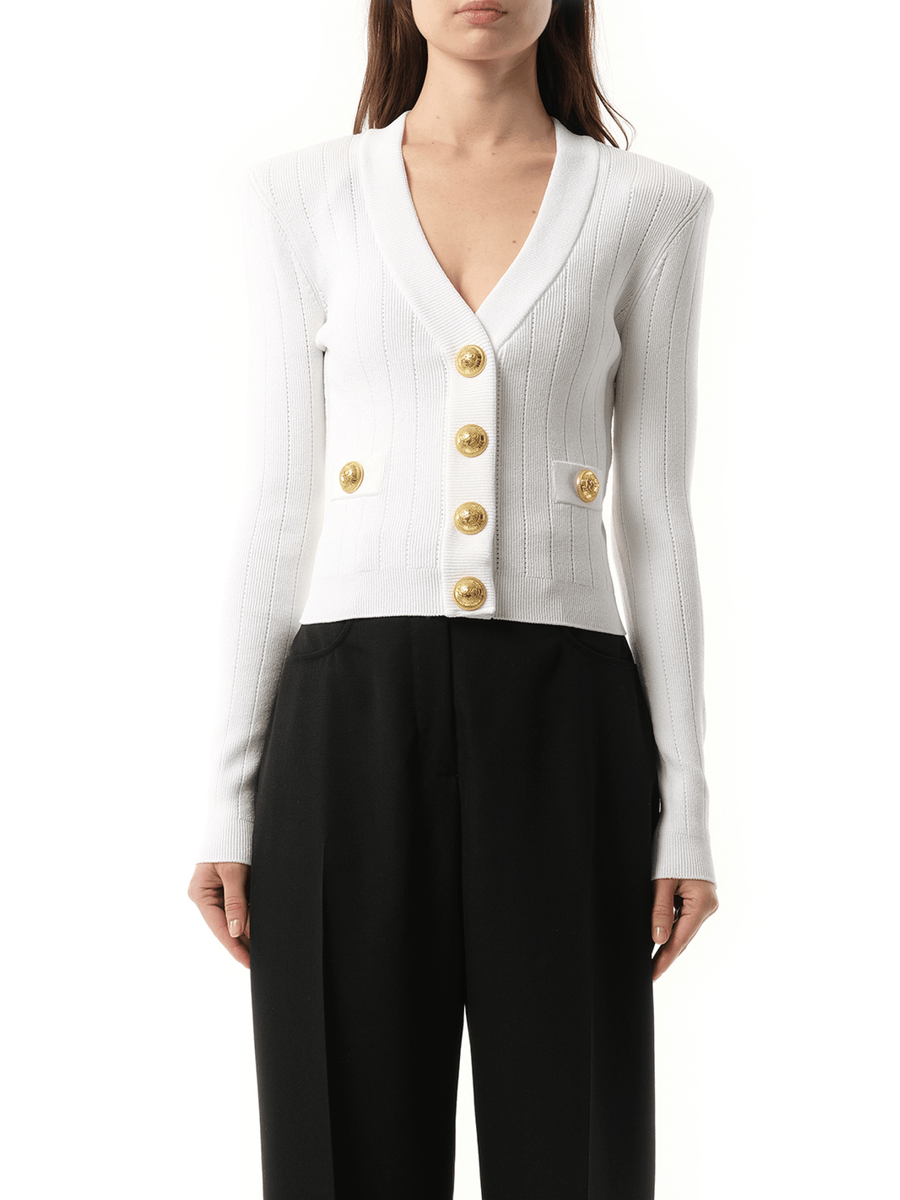 Balmain Buttoned Knit Crop Cardigan in White