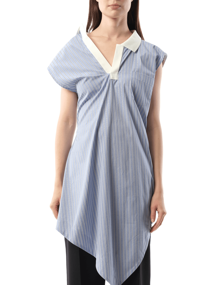 Cotton Poplin Polo Shirt in Light Blue Stripe