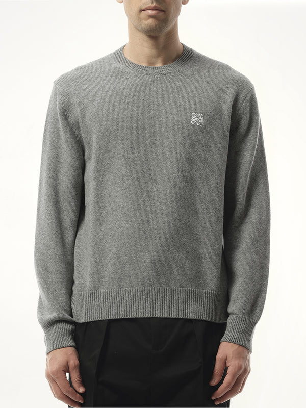 Anagram Embroidered Knit Sweater in Grey Melange