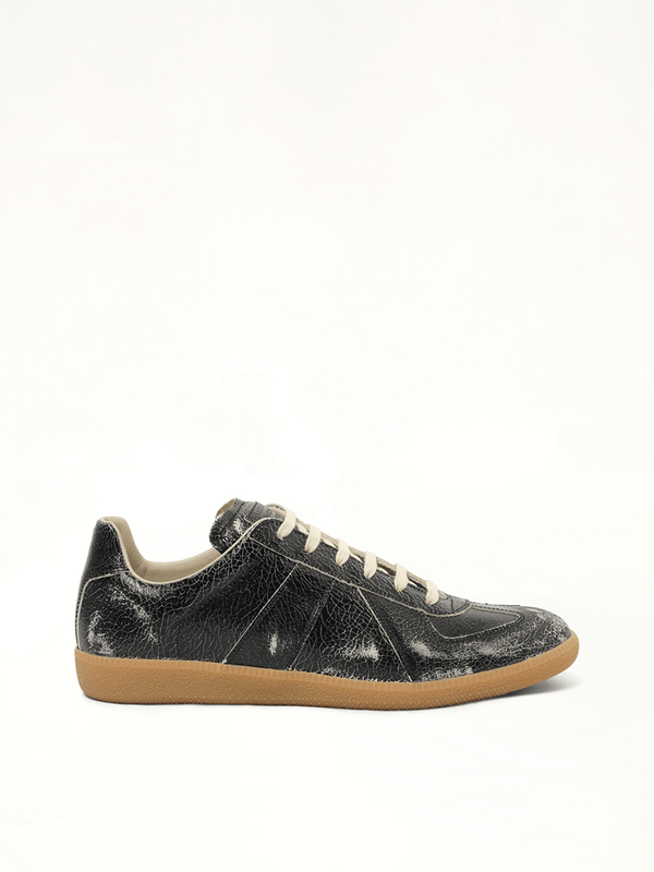 Replica Crackling Leather Sneaker in Black/White Side View | MAISON MARGIELA