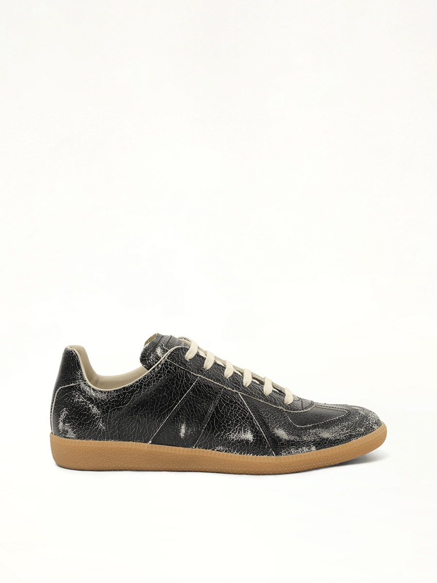 Replica Crackling Leather Sneaker in Black/White Side View | MAISON MARGIELA