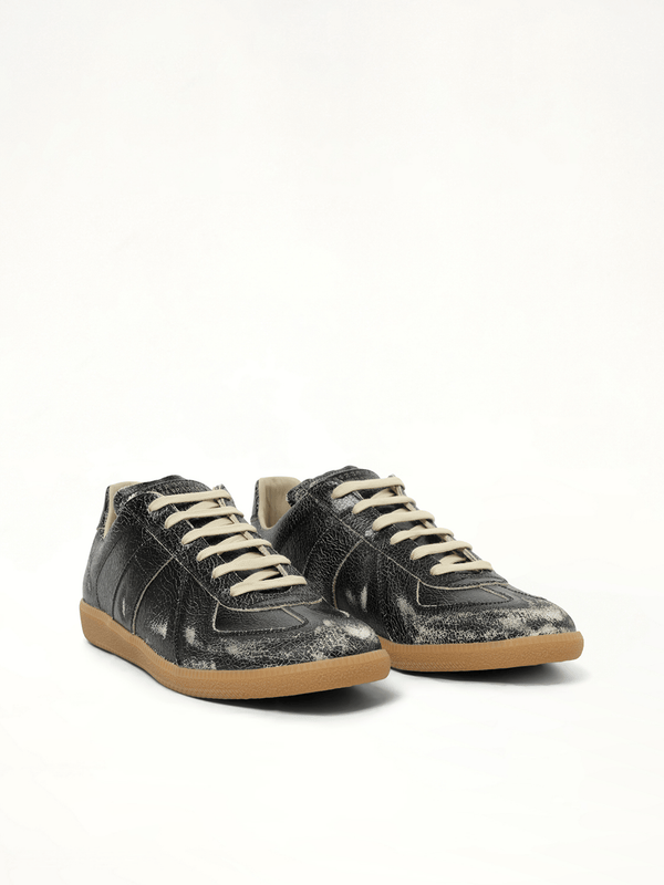 Replica Crackling Leather Sneaker in Black/White Front View | MAISON MARGIELA