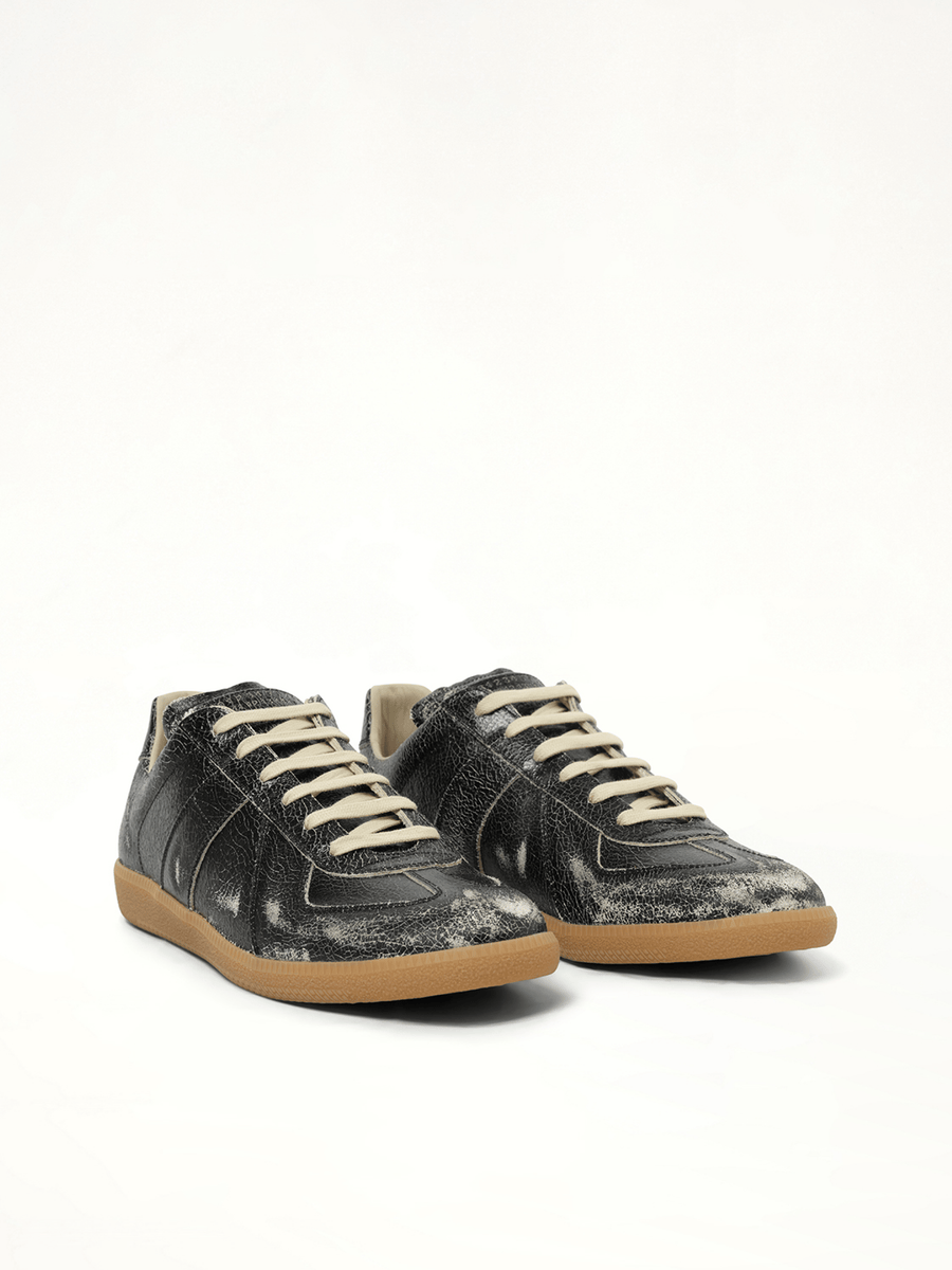Replica Crackling Leather Sneaker in Black/White Front View | MAISON MARGIELA
