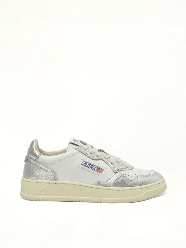 Medalist Low Bicolour Sneakers in White/Silver Side View | AUTRY