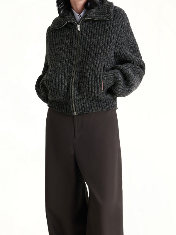 Zipped Cardigan in Black / Mink Brown