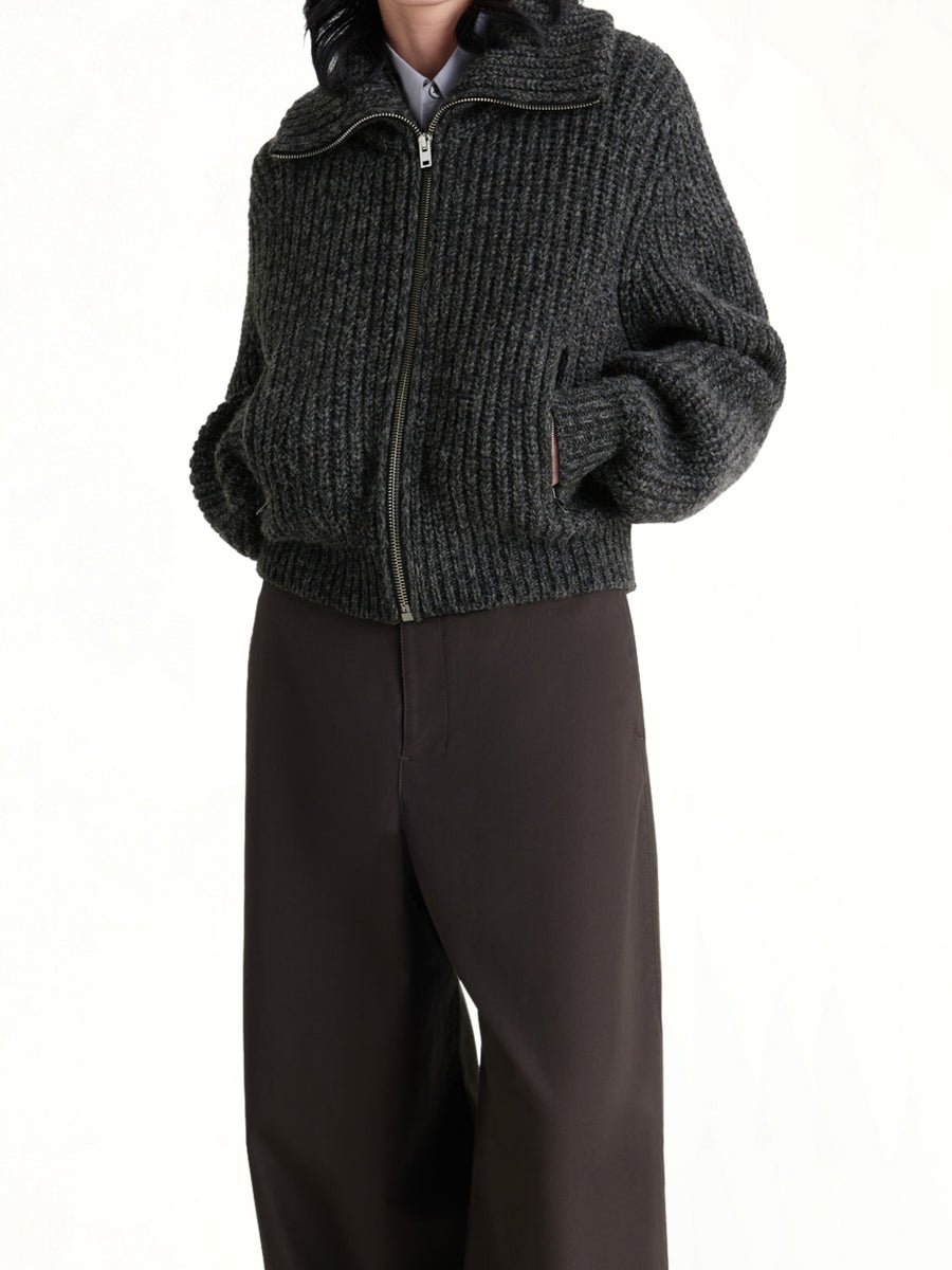 Zipped Cardigan in Black / Mink Brown