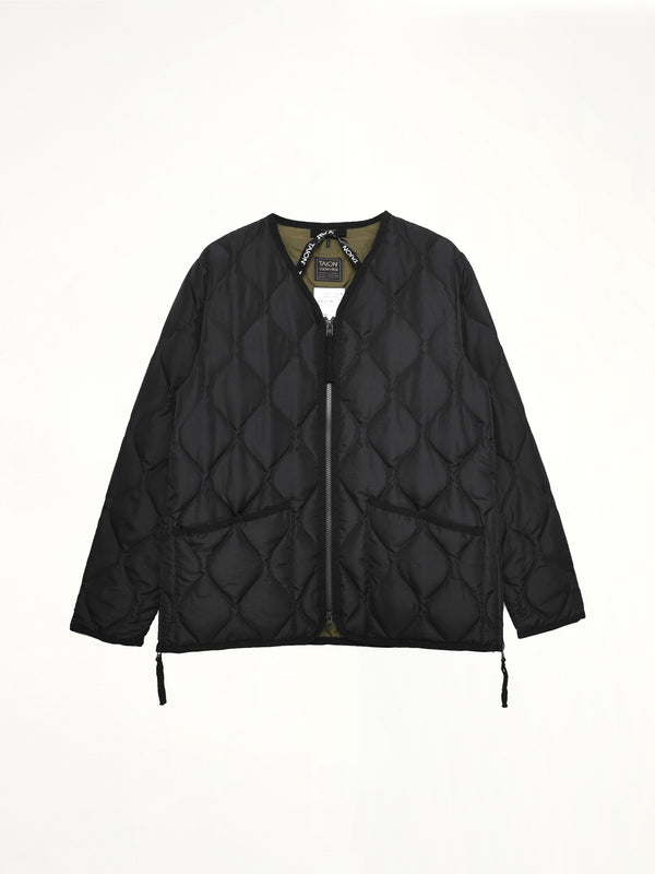 Military W-Zip V Neck Down Jacket in Black