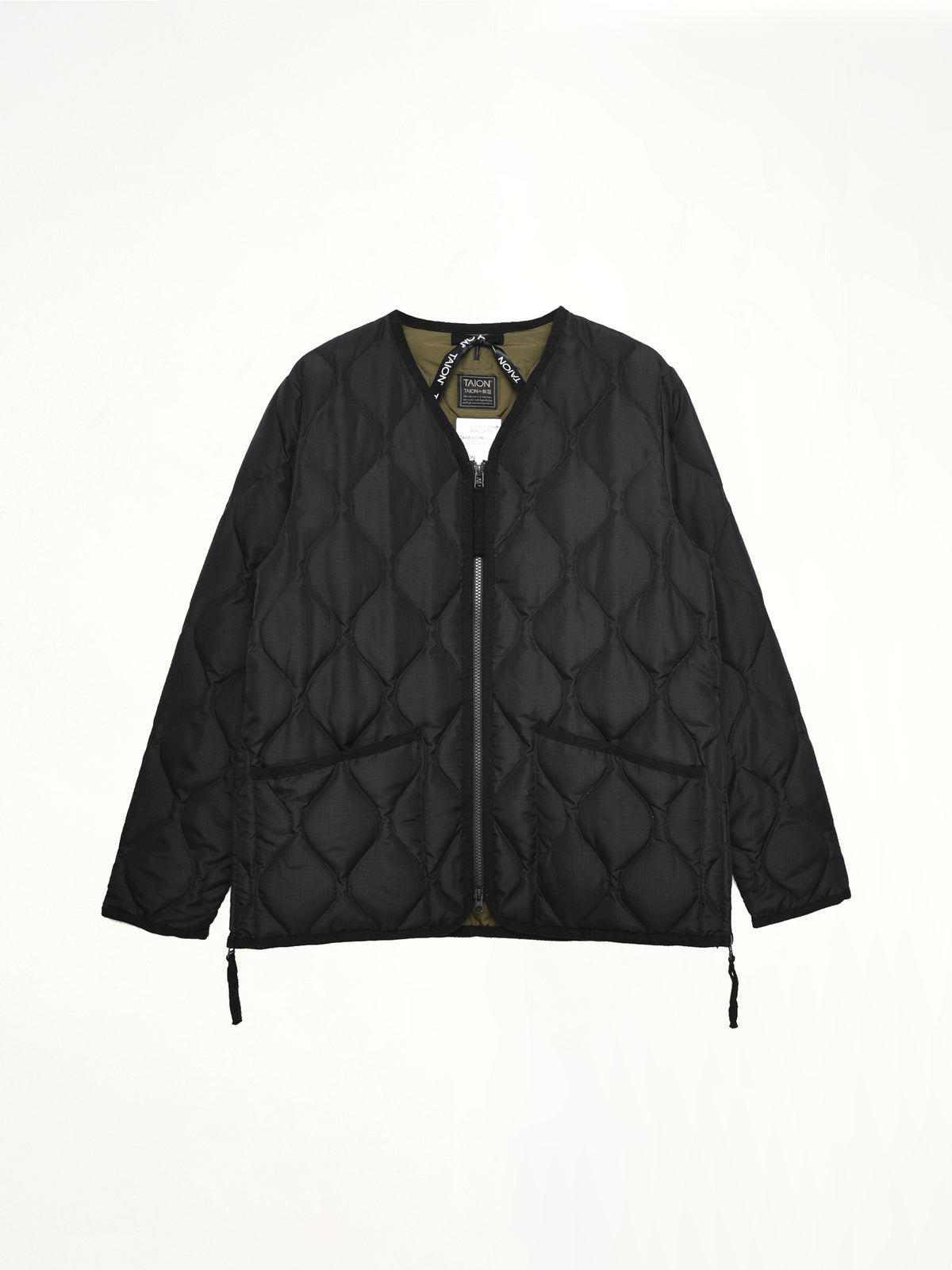 Military W-Zip V Neck Down Jacket in Black