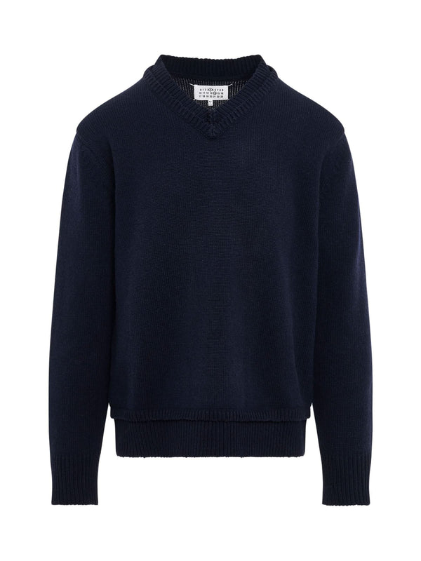 Maison Margiela Elbow Patch V-Neck Knit Sweater in Navy