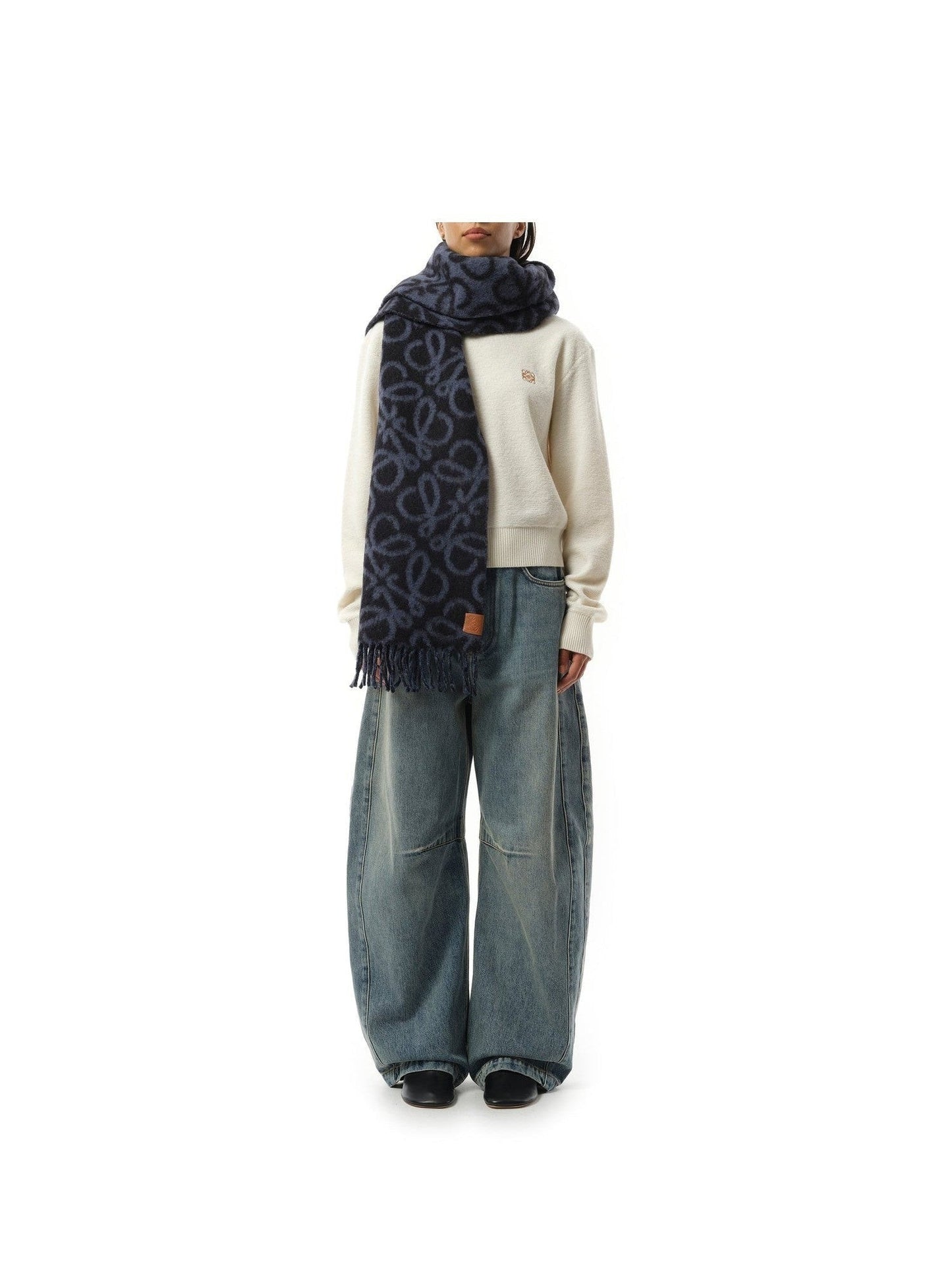 Loewe Textured Anagram Scarf in Navy Blue/Blue