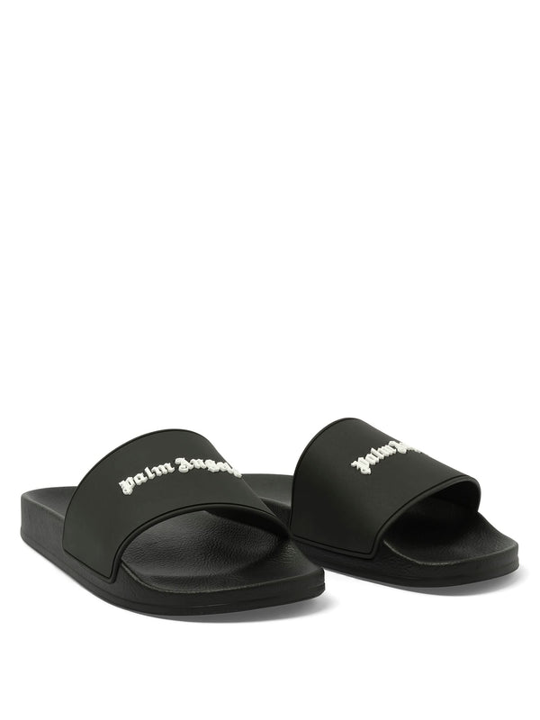Classic Logo Pool Slider in Black/White Front View | PALM ANGELS