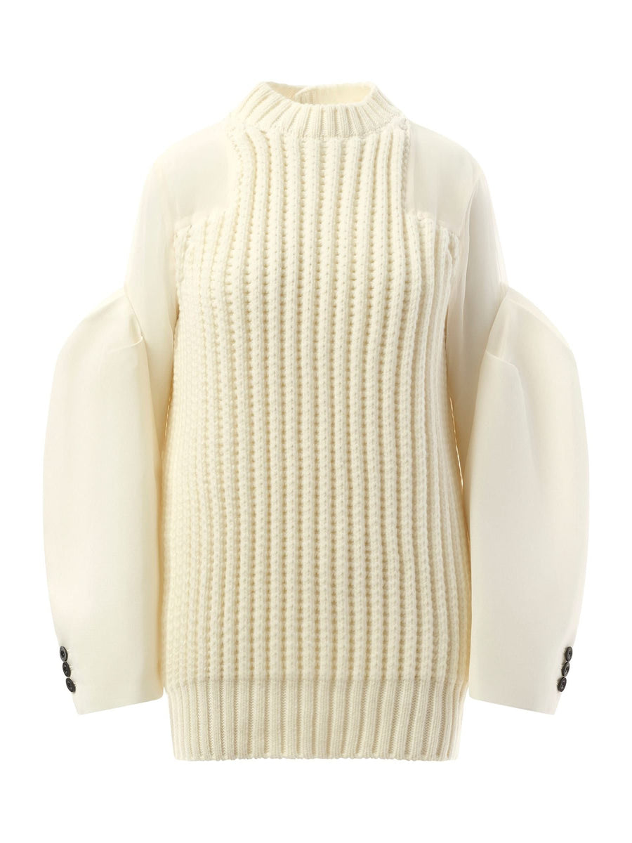 Silk Chiffon Mix Knit Dress in Off White