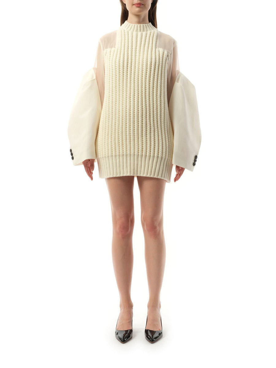 Silk Chiffon Mix Knit Dress in Off White