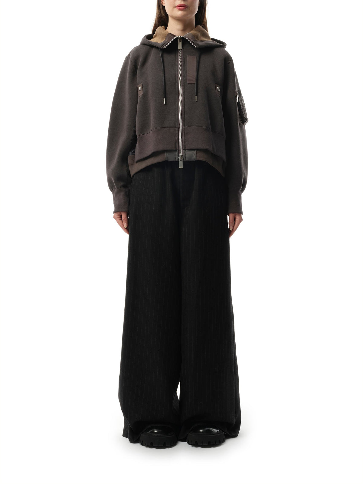 Sacai Sponge Sweat x Nylon Twill Zip Hoodie in Charcoal Gray