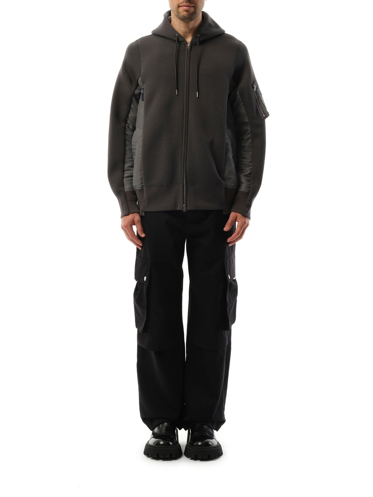 Sacai Sponge Sweat Nylon Twill Zip Hoodie in Charcoal Gray