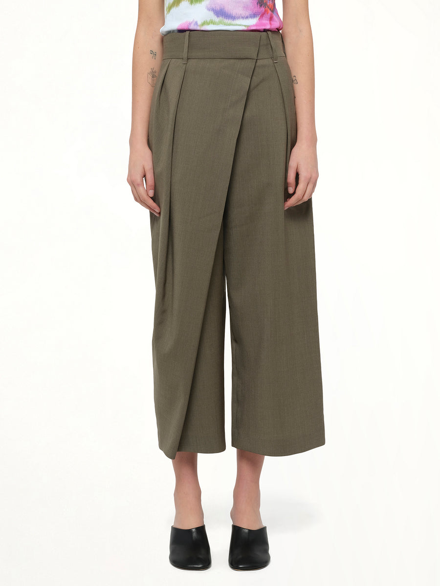 Cropped Wrap Trouser in Khaki Green