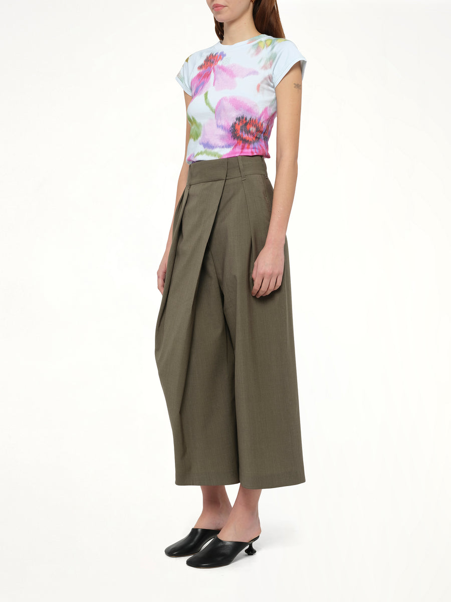 Cropped Wrap Trouser in Khaki Green