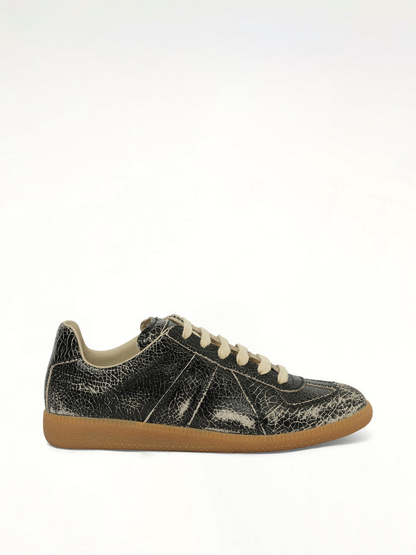 Replica Crackling Leather Sneaker in Black/White Side View | MAISON MARGIELA